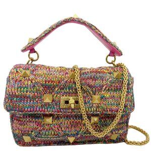 Valentino  Roman Stud Woven Wool Crossbody Bag Feminine Pink